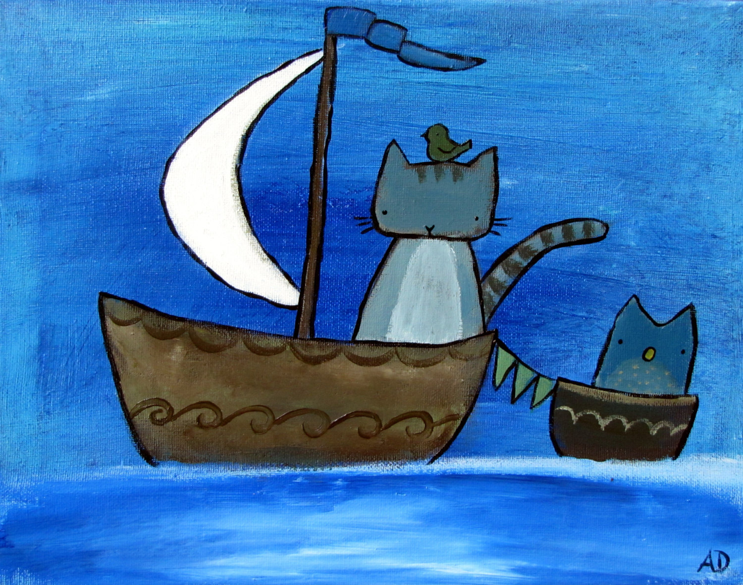 1500x1181 The Moon Sail Cat In Boat Whimsical Kids Art Print Wall Art - Boat Painting For Kids