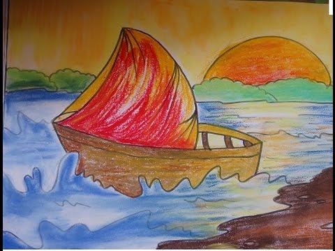 480x360 Easy Drawing For Kids,beautiful Scenery Drawing - Boat Painting For Kids