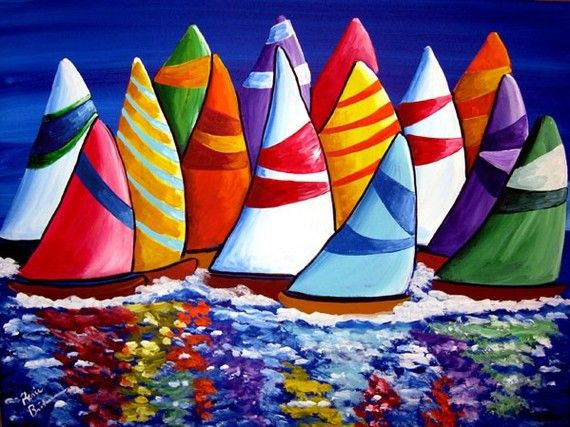 570x427 Colorful Sailboats Whimsical Fun Original Folk Art Painting - Boat Painting For Kids