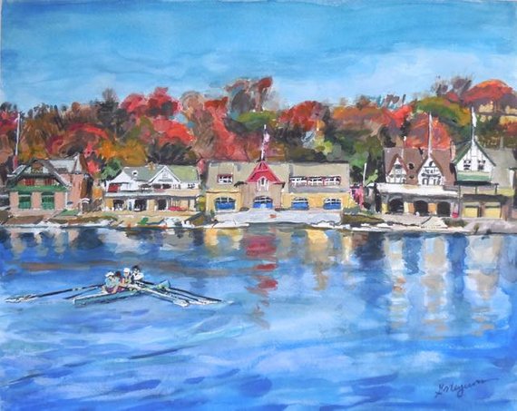 570x453 Philadelphia Painting. Philadelphia Print. Boathouse Row. - Boathouse Row Painting