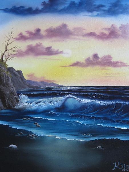 452x600 Bob Ross Seascape Sunset Painting For Sale - Bob Ross Original Painting Price