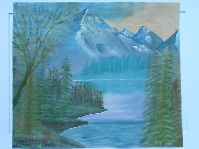 400x300 Oil Painting Of N.american Mountains,lake Bob Ross Style On Canvas - Bob Ross Original Painting Value