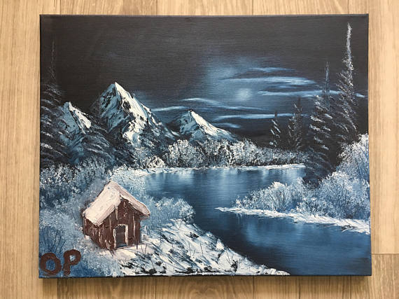 570x427 Original Oil Painting Winter Mountain Snow Bob Ross Style - Bob Ross Painting Price Original