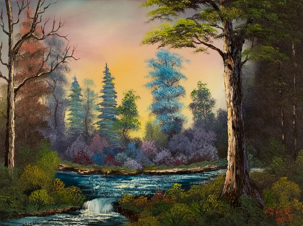 600x449 Bob Ross Dark Waterfall Painting 86008 - Bob Ross Painting Price Original