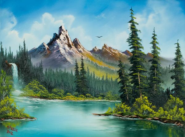 600x445 Bob Ross Wilderness Waterfall Prints - Bob Ross Painting Prints