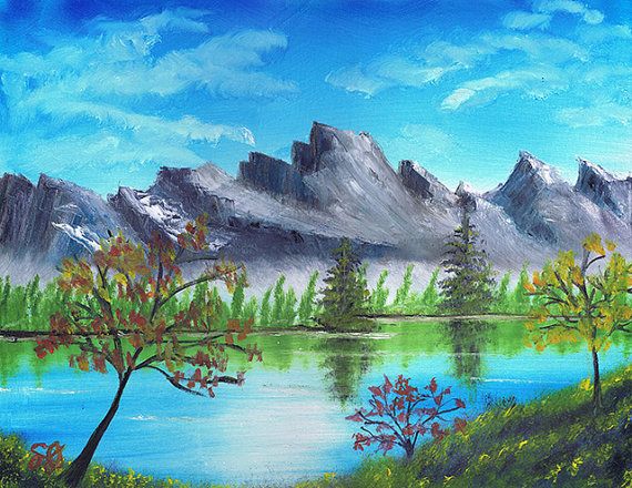 570x440 Bob Ross Style Original Painting Mountain Lake Landscape Nature - Bob Ross Style Painting
