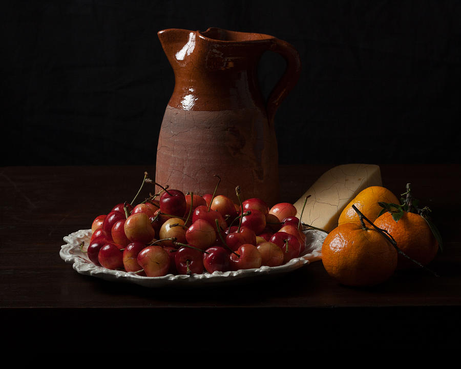 900x720 Bodegon With Cherries Oranges And Cheese Photograph By Levin Rodriguez - Bodegon Painting
