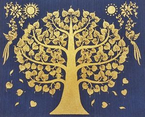 300x242 Gold Bodhi Tree Thai Art Blue Silk Painting Poster Print Asian - Bodhi Tree Painting