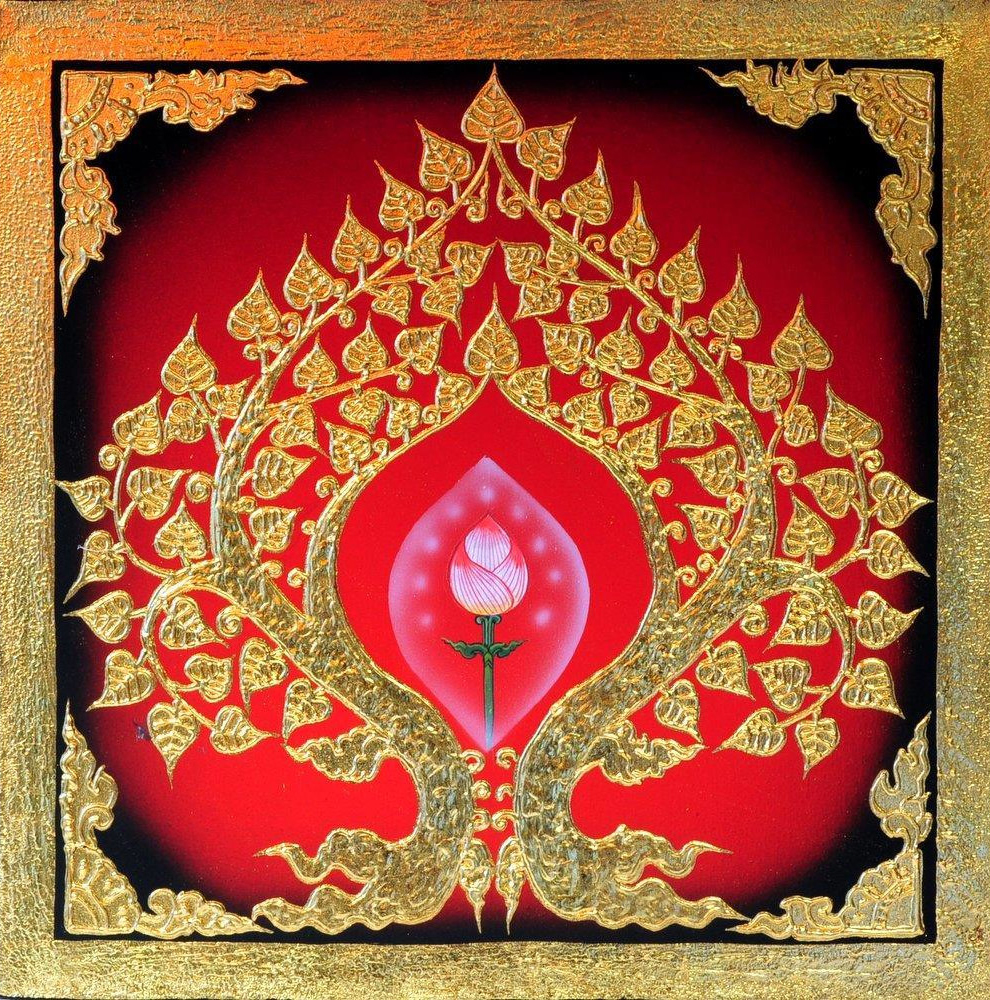 990x1000 Oriental Art Painting Pink Lotus In Buddha Bodhi Tree Royal Thai Art - Bodhi Tree Painting