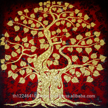 350x350 Thai Bodhi Tree Handpainted With Acrylic And Gold Leaf Traditional - Bodhi Tree Painting
