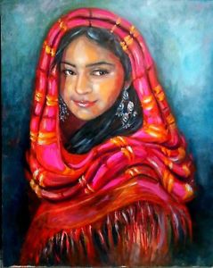 239x300 Yvette Andino Original Oil Painting Indian, Gypsy, Boho Girl Red - Boho Painting