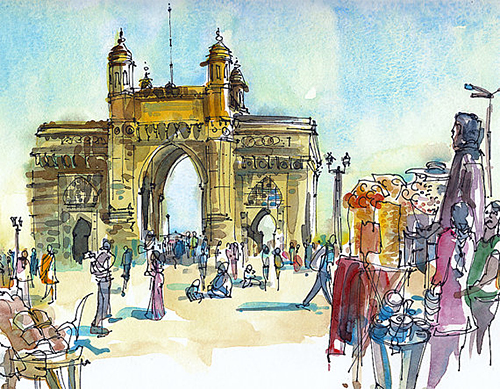 500x389 Gateway Of India In Bombay By Suhita Of Sketch Away On Etsy - Bombay Painting