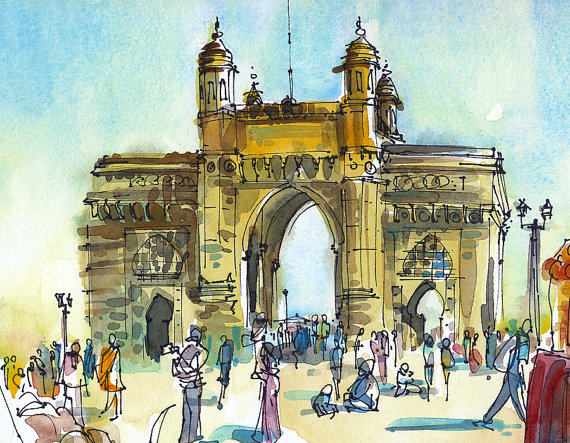 570x443 India Sketch Gateway Of India, Mumbai 8x10 Print Of A Watercolor - Bombay Painting