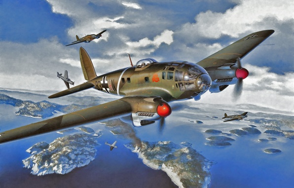 596x380 Wallpaper Bomber, Art, Airplane, Painting, Aviation, Heinkel He - Bomber Painting