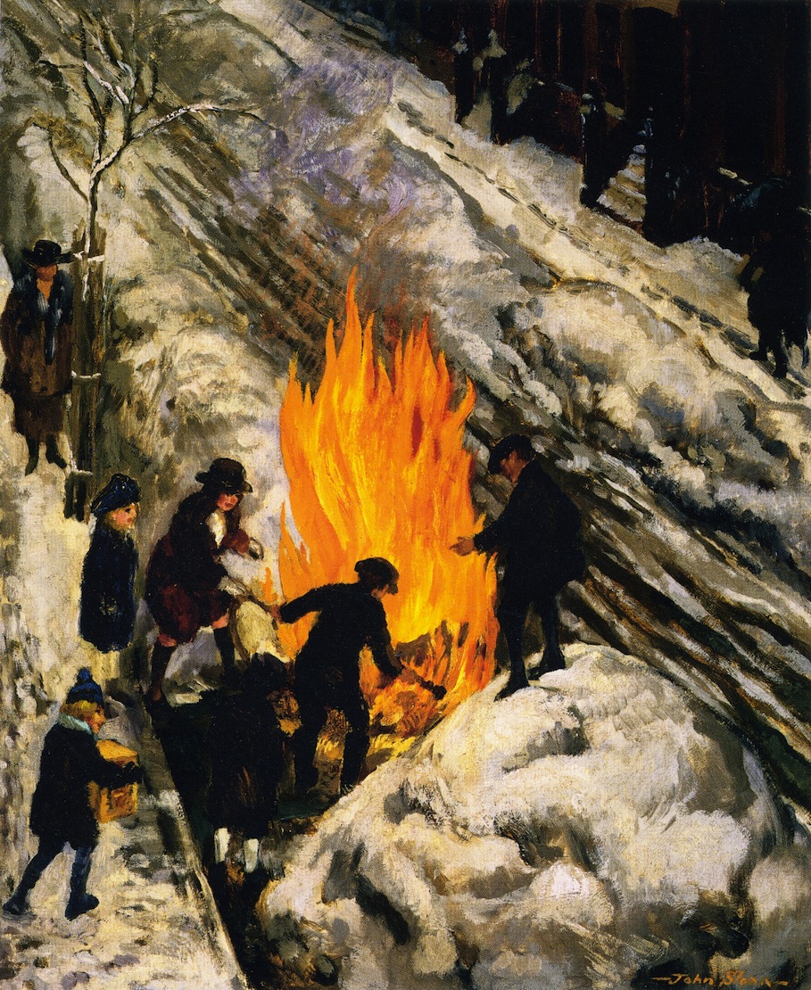 909x1110 Bonfire In Snow Painting John Sloan Oil Paintings - Bonfire Painting