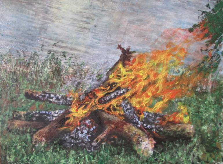 770x569 Saatchi Art Bonfire On A Riverside Painting By Alex Kozhevnikov - Bonfire Painting