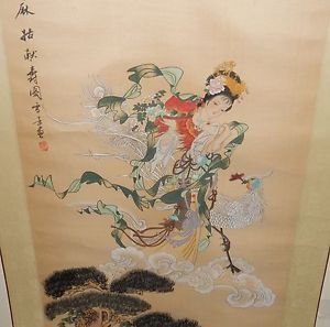 300x297 Large Chinese Geisha Girl Bonsai Tree Watercolor On Silk Painting - Bonsai Painting