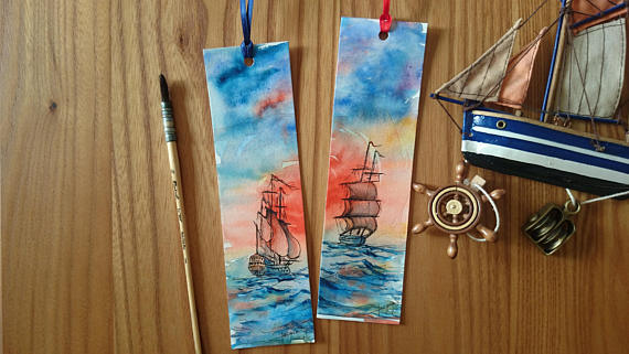 570x321 Two Bookmarks In Watercolor Original Painting Of Old Riggings - Bookmark Painting