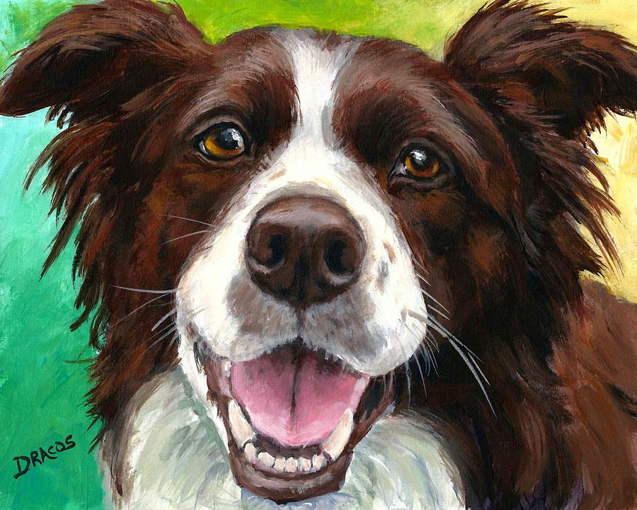 900x720 Liver And White Border Collie Painting By Dottie Dracos - Border Collie Painting