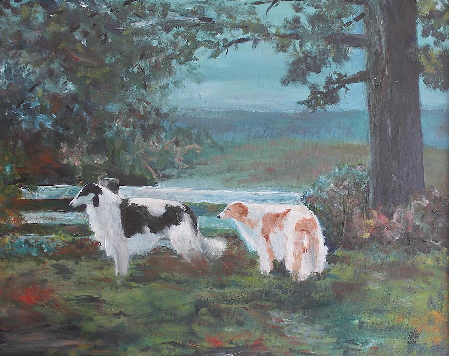 900x715 Two Borzois In A Field Painting By Neal Binder Wheeler - Borzoi Painting