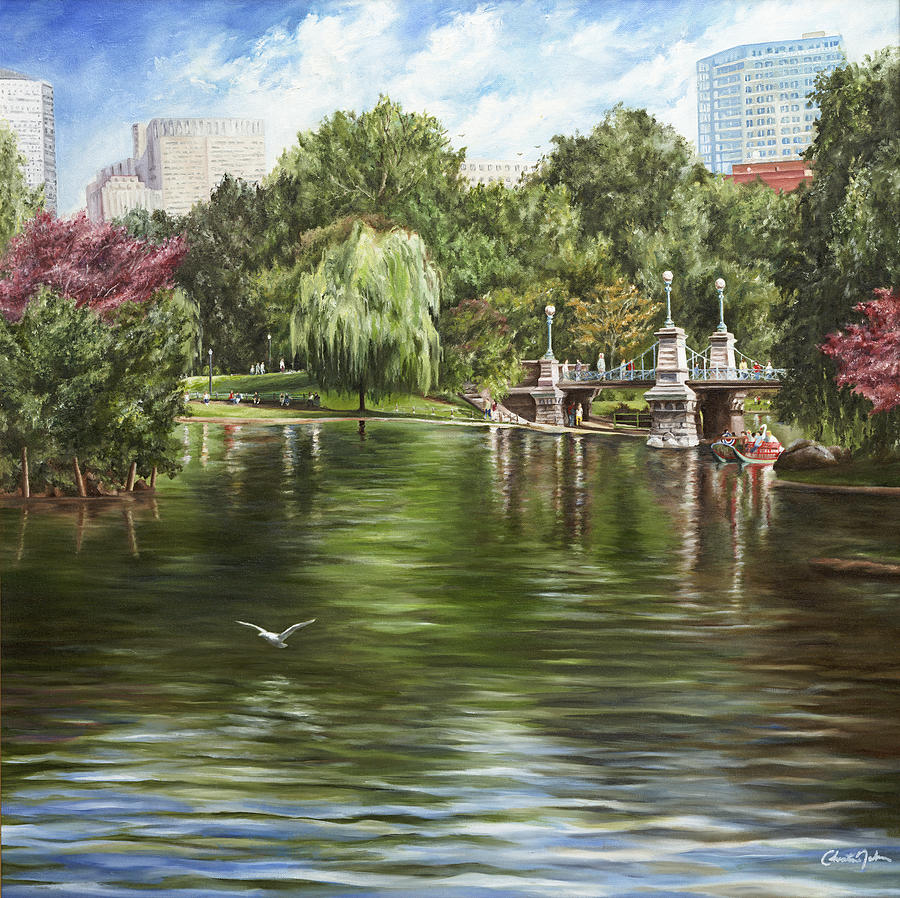 900x898 Boston Public Garden Three Birds Painting By Christine Da Silva - Boston Common Painting