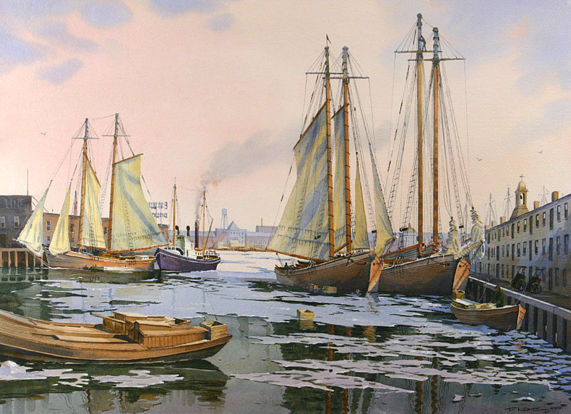 800x580 Frederick Kubitz Watercolor Painting, Boston Harbor (Item - Boston Harbor Painting