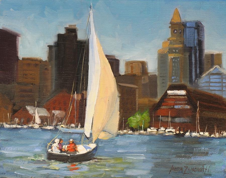900x709 Sailing Boston Harbor Painting By Laura Lee Zanghetti - Boston Harbor Painting