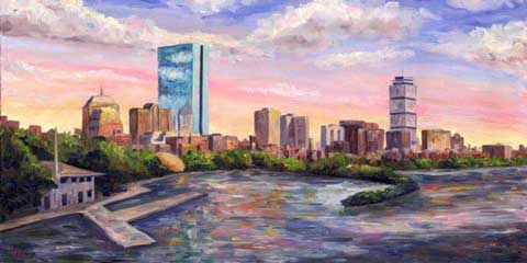 480x240 Skyline Painting Of Boston Massachussettes - Boston Oil Painting