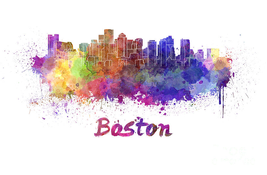 900x590 Boston Skyline In Watercolor Painting By Pablo Romero - Boston Skyline Painting