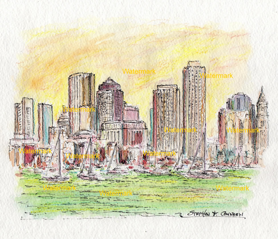 975x837 Boston Skyline Watercolor Painting From The Harbor - Boston Skyline Painting