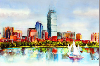 339x226 Prudential Boston Matted Print Boston Artwork Fine Art - Boston Skyline Painting