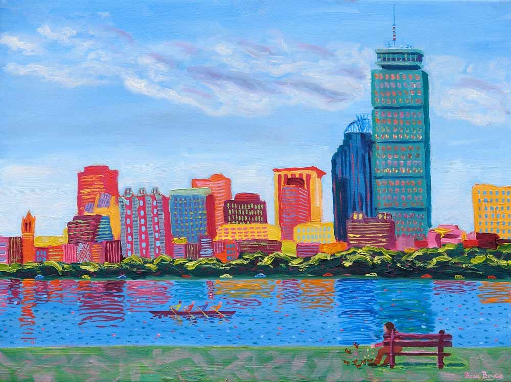 1000x749 Sean Boyce Studios Boston Skyline With Guy Feeding Birds Art - Boston Skyline Painting