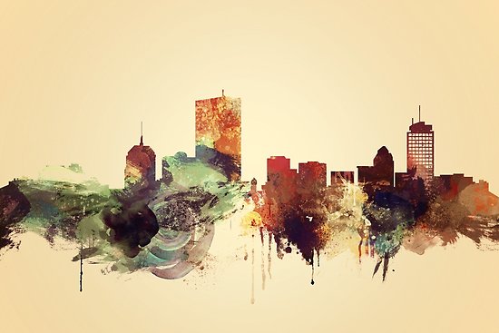 550x367 Vintage Boston Skyline, Massachusetts Watercolor Cityscape - Boston Skyline Painting