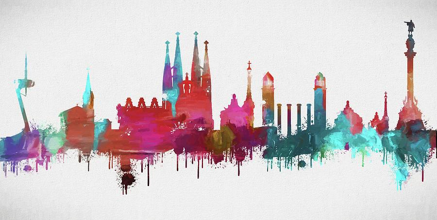 900x454 Colorful Barcelona Skyline Silhouette Painting By Dan Sproul - Boston Skyline Silhouette Painting