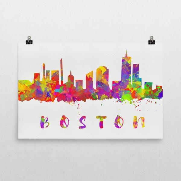 600x600 Watercolor Skyline Art Prints And Posters From Modern Map Art - Boston Skyline Silhouette Painting
