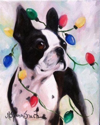 383x480 Print Boston Terrier Dog Puppy Art Oil Painting Christmas Lights - Boston Terrier Oil Painting