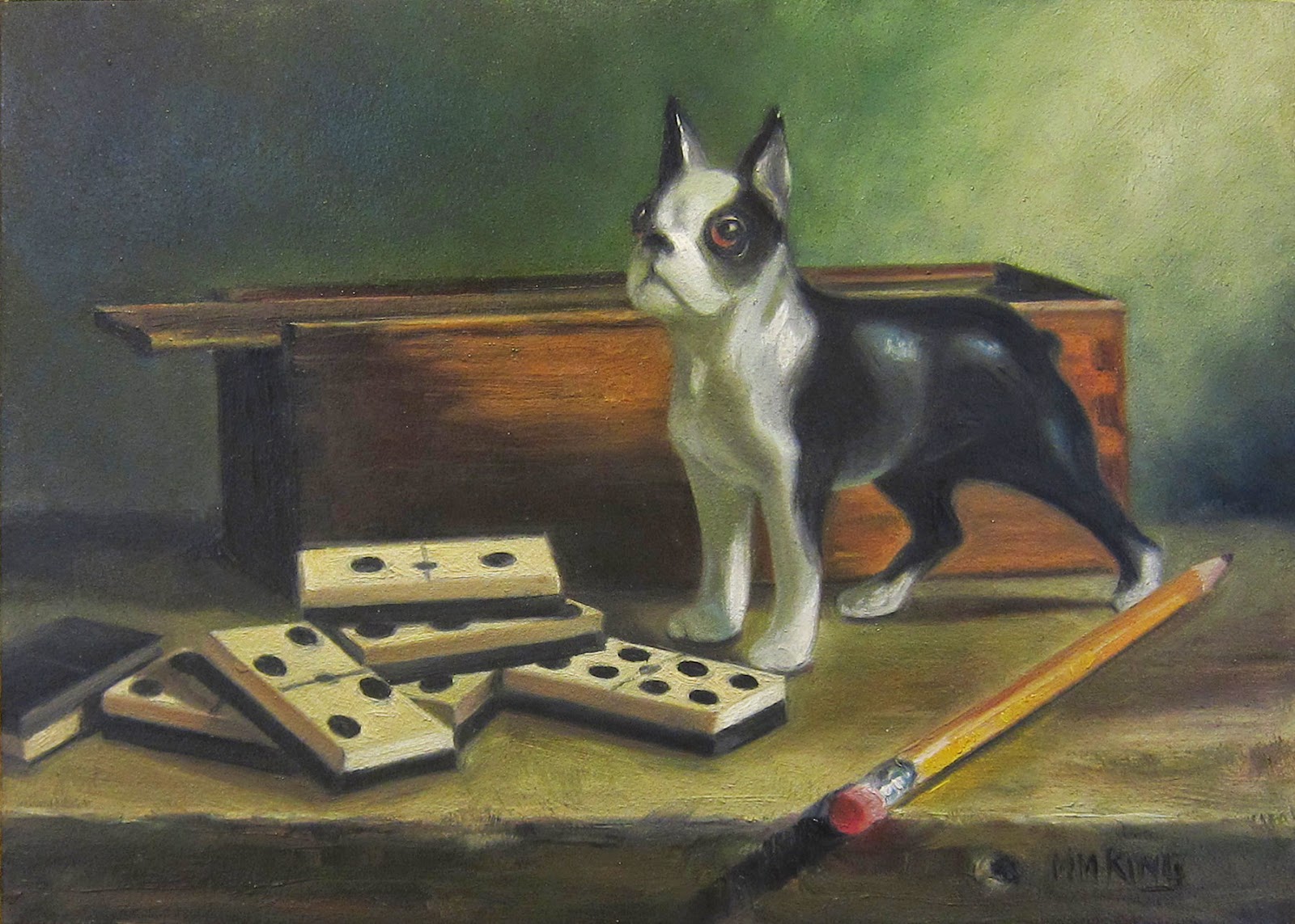 1600x1143 Small Oil Paintings Boston Terrier And Dominos Still Life - Boston Terrier Oil Painting