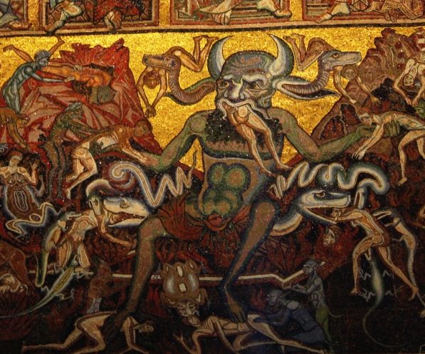 597x497 Lucifer In The Hell, Mosaics In The Baptistry Of San Giovanni - Botticelli Hell Painting