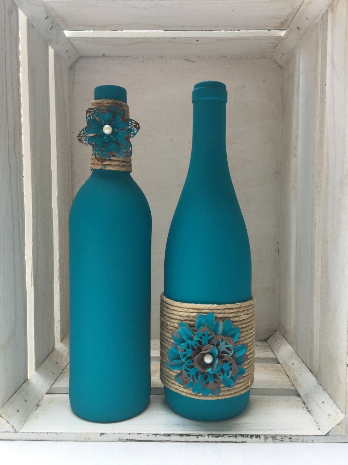 1125x1500 Teal Chalk Painted Wine Bottles With Twine And Metal Flowers - Bottle Painting