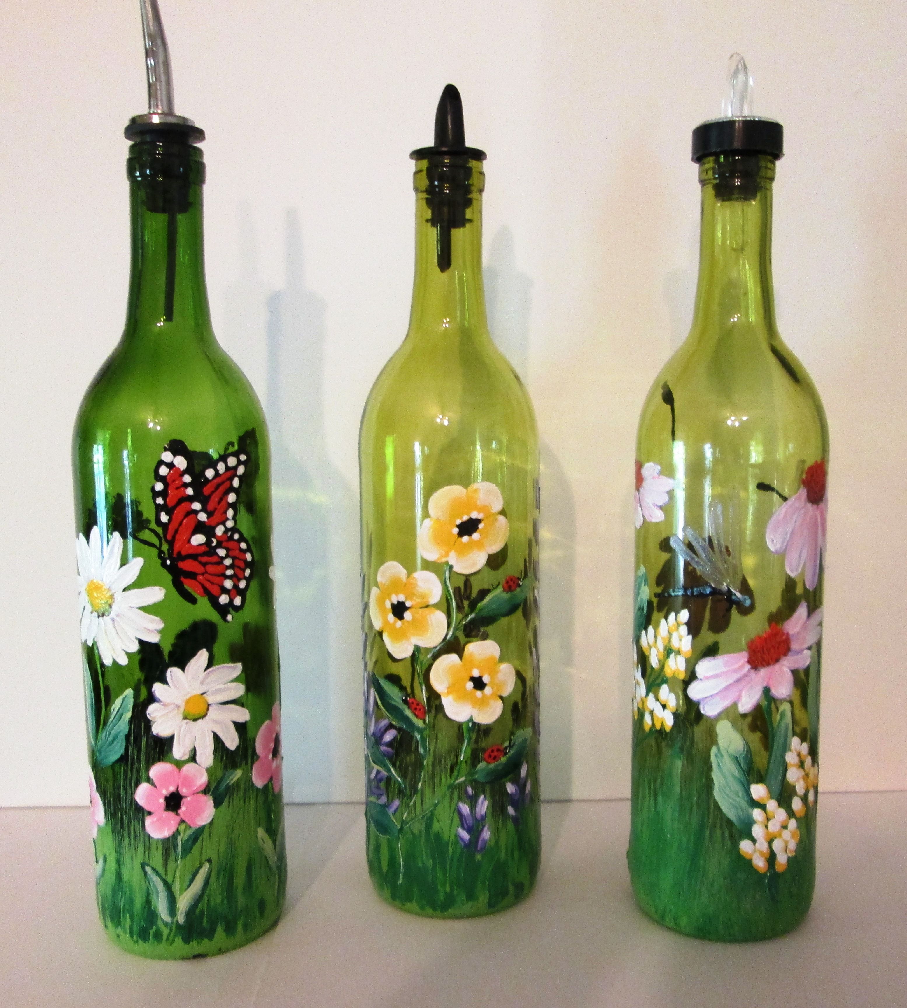 3110x3456 Vibrant Painted Wine Bottles With Butterflies, Lady Bugs - Bottle Painting