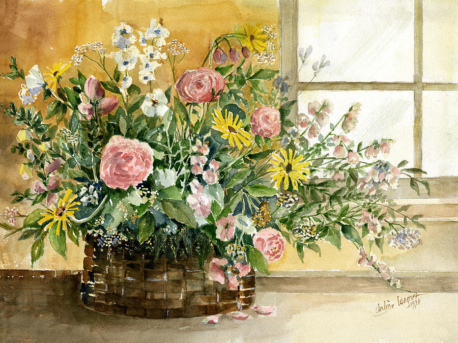 900x674 Basket Bouquet Painting By Arline Wagner - Bouquet Painting