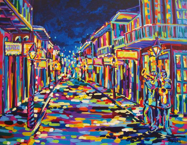 650x504 Jazz On Bourbon Street By Elaine Adel Cummins - Bourbon Street Painting