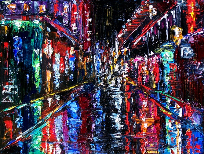 668x504 New Orleans, Bourbon Street, Abstract Cityscape Painting By Debra - Bourbon Street Painting