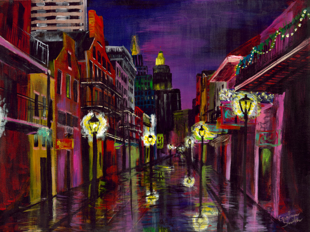 1024x768 New Orleans, Bourbon Street, Twilight Street By Artofgretchensmith - Bourbon Street Painting