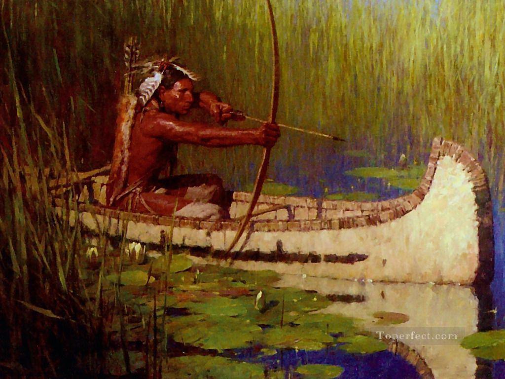1024x768 Native Americandian Hunter Canoe Bow And Arrow Painting - Bow And Arrow Painting
