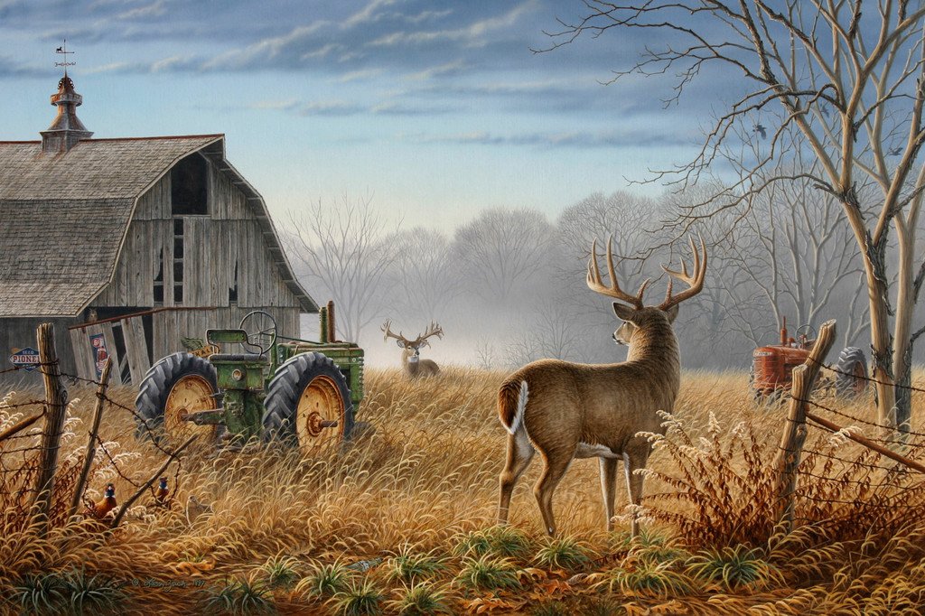 1024x682 Old Rivals I Larry Zach Wildlife Art - Bow Hunting Painting