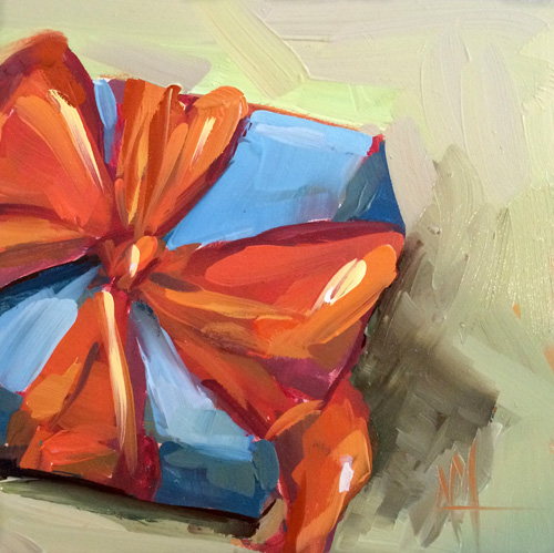 500x499 Blue Present With Orange Bow Painting Angela Moulton's Painting - Bow Painting