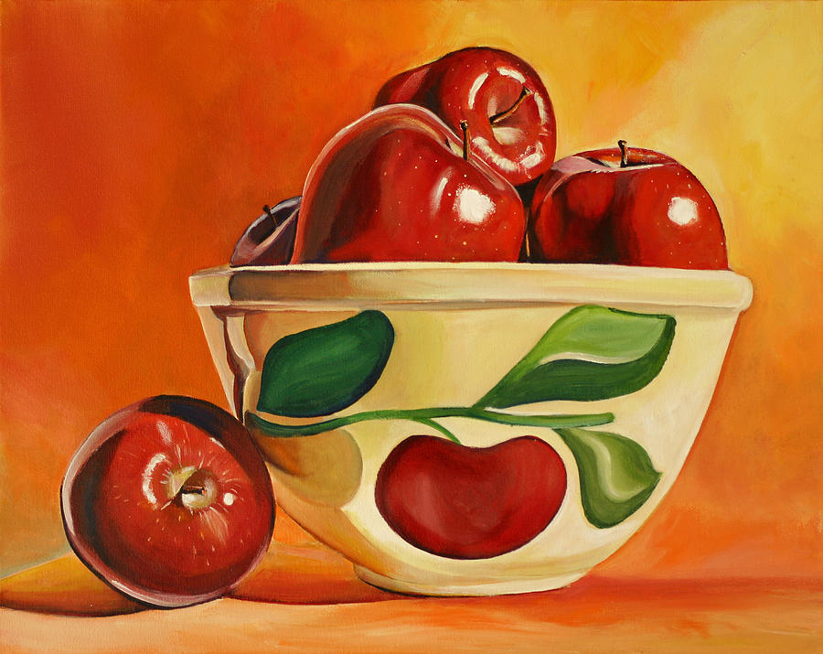 900x715 Red Apples In Vintage Watt Yellowware Bowl Painting By Toni Grote - Bowl Of Apples Painting
