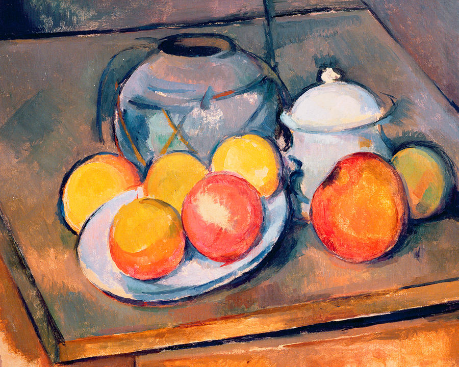 900x720 Straw Covered Vase Sugar Bowl And Apples Painting By Paul Cezanne - Bowl Of Apples Painting