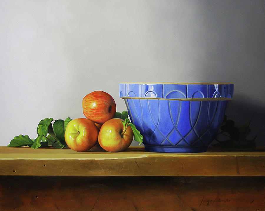 900x718 The Blue Bowl Painting By Jorge Alberto Gonzalez - Bowl Of Apples Painting